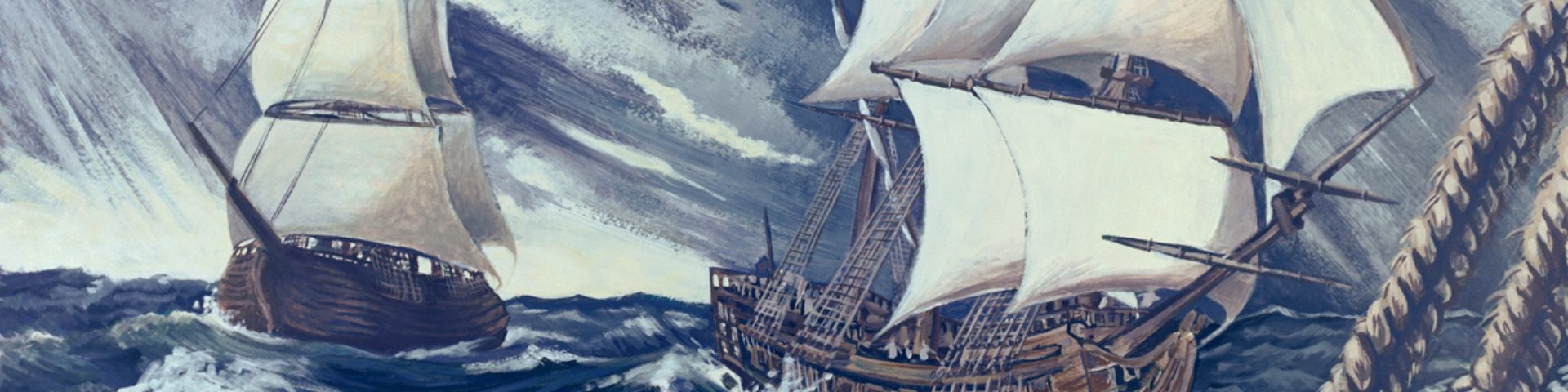 Gros plan d'une toile représentant des navires de guerre anciens sur une mer mouvementée. 