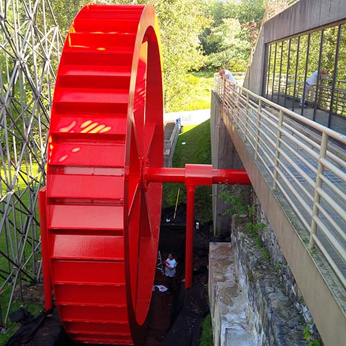 The water wheel at the blast furnace with its new painting