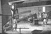 A drawing of the 18th century representing a worker inserting an iron bar in the fireplace of the forge , another one hammering an iron block on the big anvil in order to make iron bars while an helper starts up the lever to control the rhythm of the hydraulic hammer.