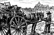 Un dessin de Bernard Duchesne montre un ouvrier à pied près de la tête d'un cheval attelé à une charrette chargée de ses biens car il quitte les Forges.