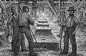 Un dessin de Bernard Duchesne montre des ouvriers mouleurs dans une grande fonderie de Montréal au 19e siècle, ils sont devant des moules placés dans des boîtes de bois et au fond nous voyons deux ouvriers qui coulent de la fonte liquide dans un de ces moules.