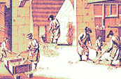 A drawing of 18th century showing two workers pouring liquid cast iron in a sandmould inside a wooden box. Another one takes liquid cast iron out directly from the furnace and three other workers pouring liquid cast iron in an underground mould.