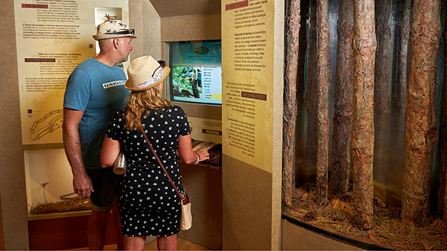 A couple of visitors are observing the Obadjiwan exhibition at the Obadjiwan-Fort Témiscamingue National Historic Site.