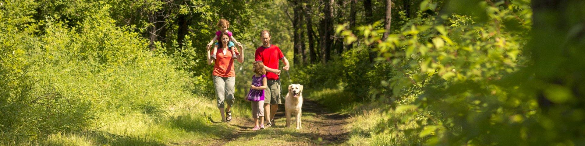 A family enjoys a stroll along the Carlton trail at Batoche National Historic Site.