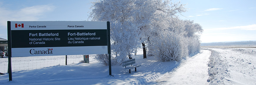 Fort Battleford National Historic Site entrance in snow
