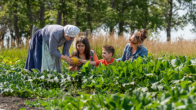 A family of three in the pumpkin patch with an interpreter in historical clothing. 