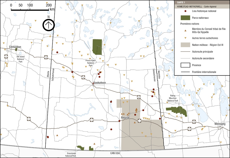 Carte 1 : Cadre régional du lieu historique national du Homestead-Motherwell, version textuelle suit
