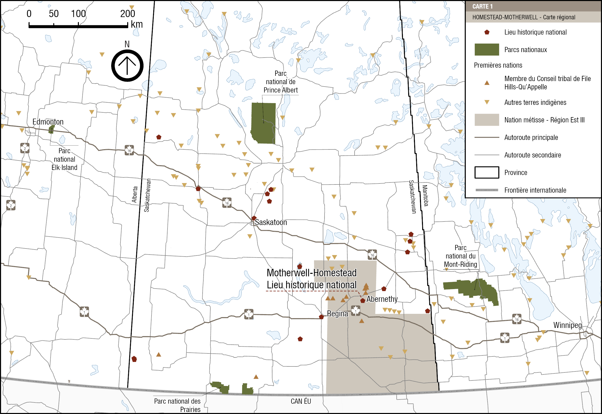 Carte 1 : Cadre régional du lieu historique national du Homestead-Motherwell, version textuelle suit