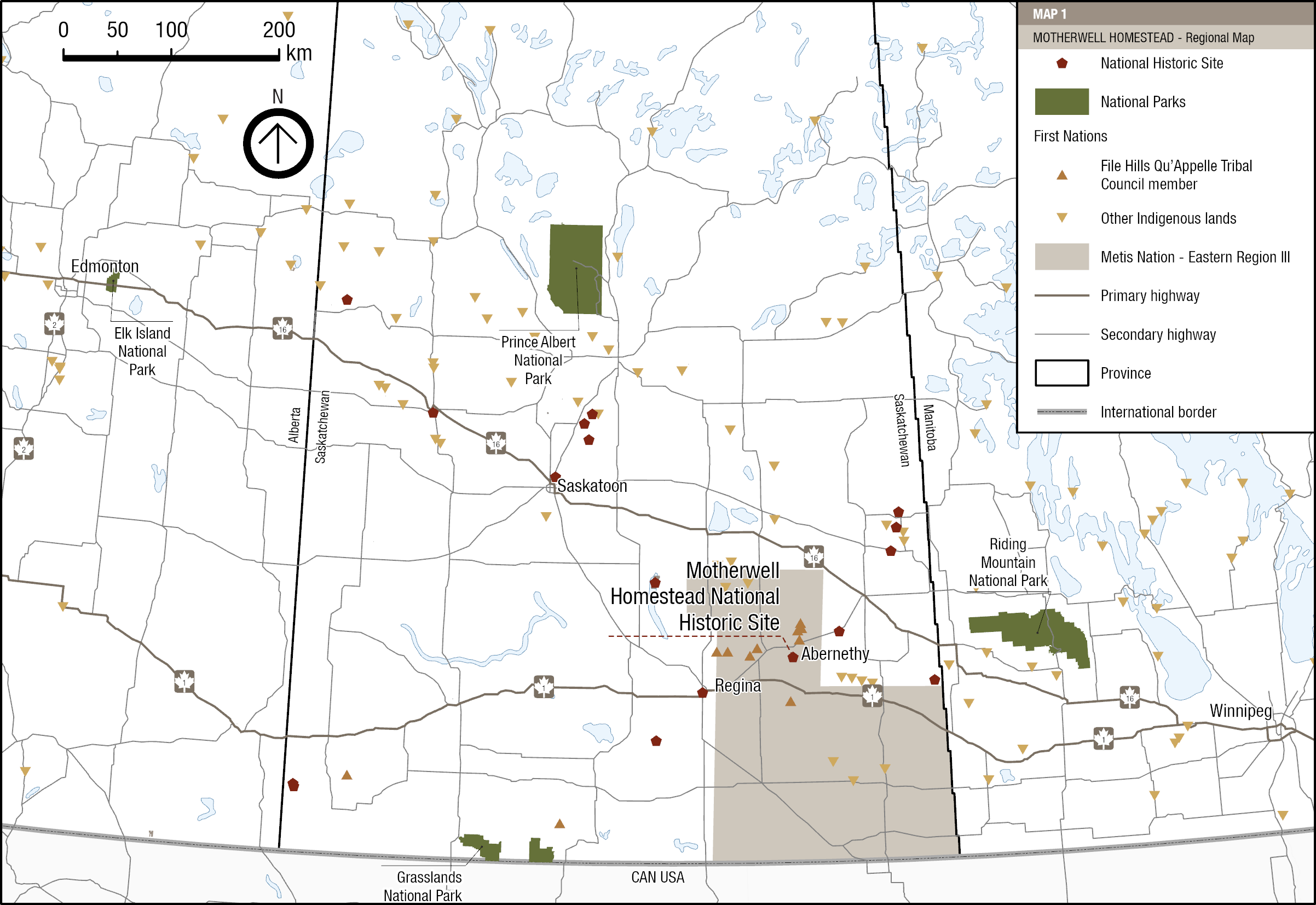 Map 1. Regional setting of Motherwell Homestead National Historic Site, text description follows