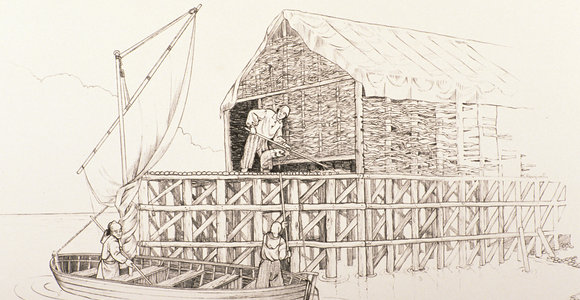  Pen and ink drawing of fish stage and boat arriving with cod