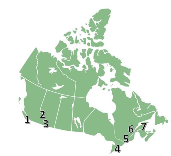 Map of Canada showing locations of pilot-projects for ecological corridors. Text description follows.