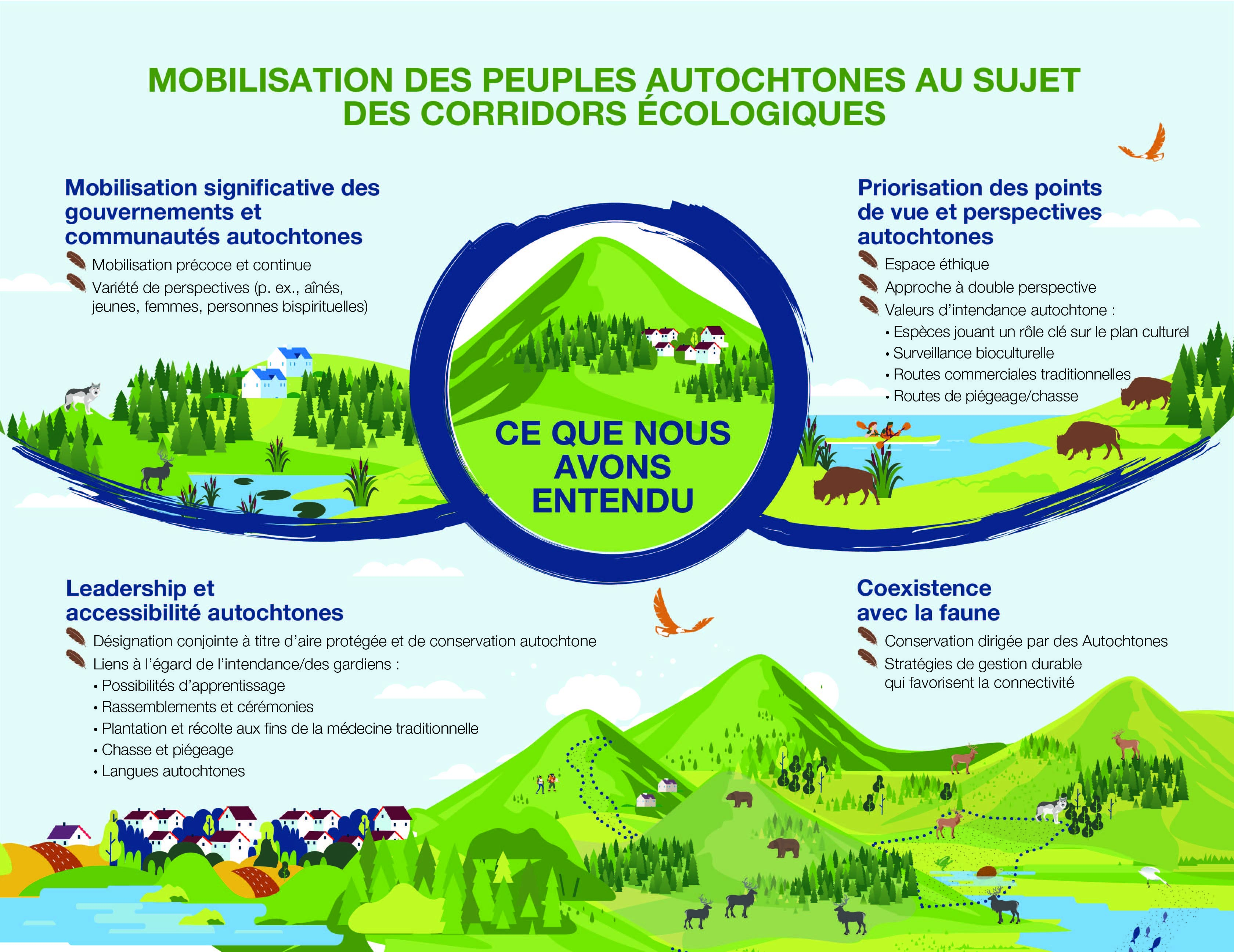 Un graphique illustrant ce qui a été entendu lors de la mobilisation des peuples autochtones sur les corridors écologiques — La description textuelle suit