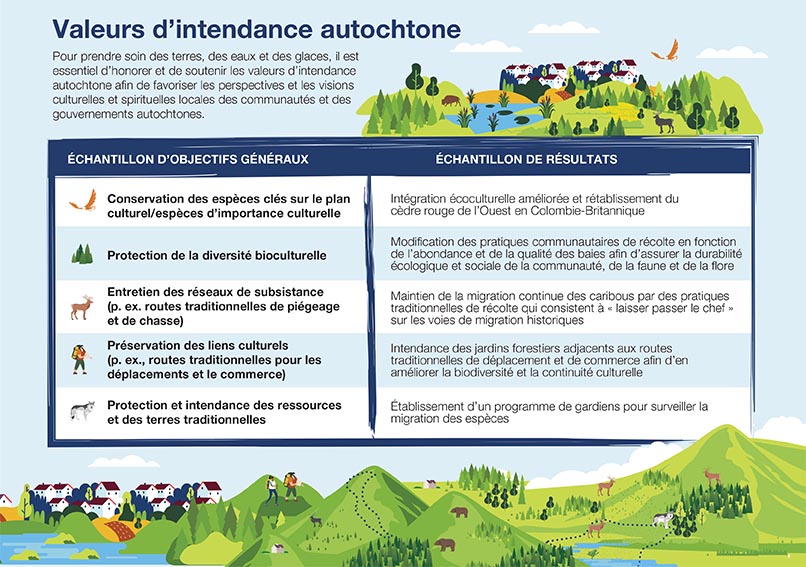 Un graphique illustrant un exemple d'objectifs généraux de valeur d'intendance autochtone pour les corridors écologiques et un échantillon correspondant de résultats - La description textuelle suit.