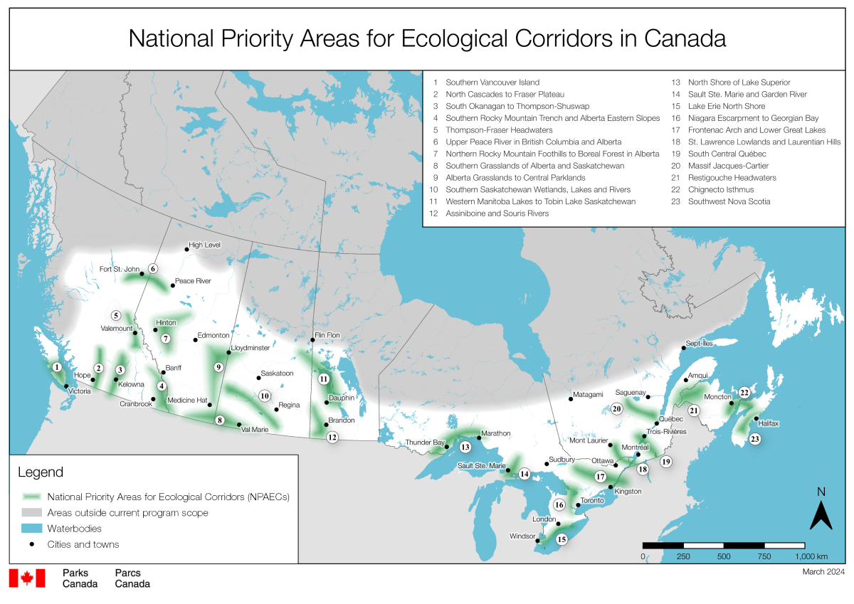 Map — National priority areas for ecological corridors in Canada