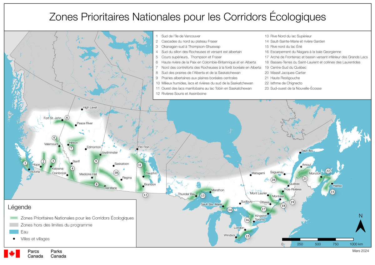 Carte — Zones prioritaires nationales pour les corridors écologiques