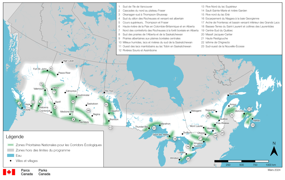 Carte — Zones prioritaires nationales pour les corridors écologiques. Version textuelle suit.
