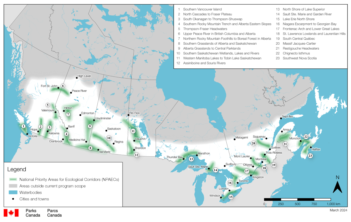 Map — National priority areas for ecological corridors in Canada, text description follows. 