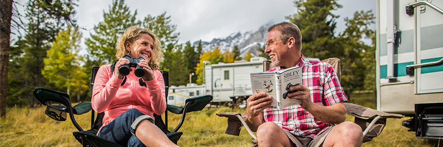 couple sits in camp chairs, with birding book open