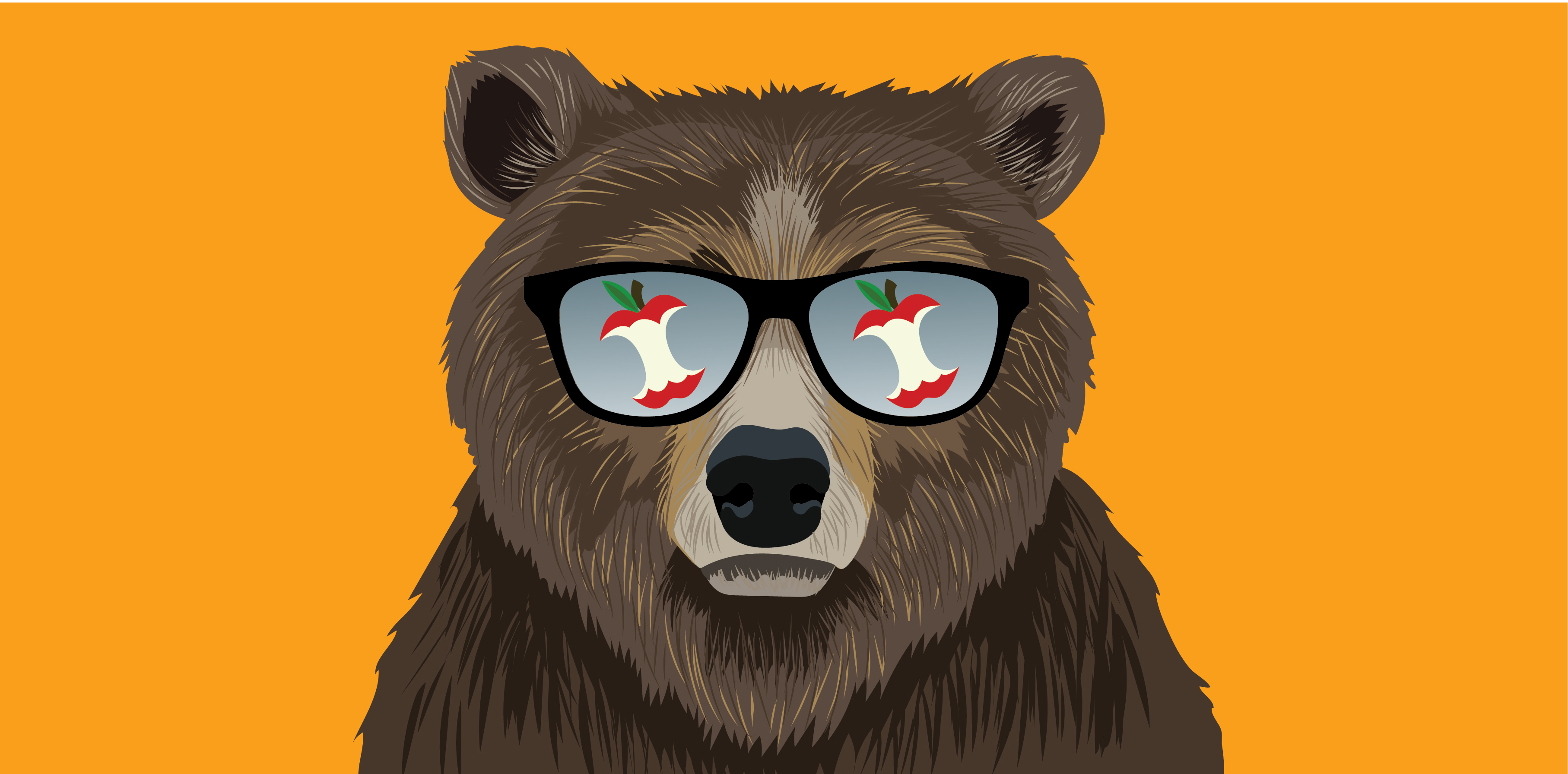 Drawing of a bear wearing sunglasses on an orange background. An apple core is in the reflection of the sunglasses.