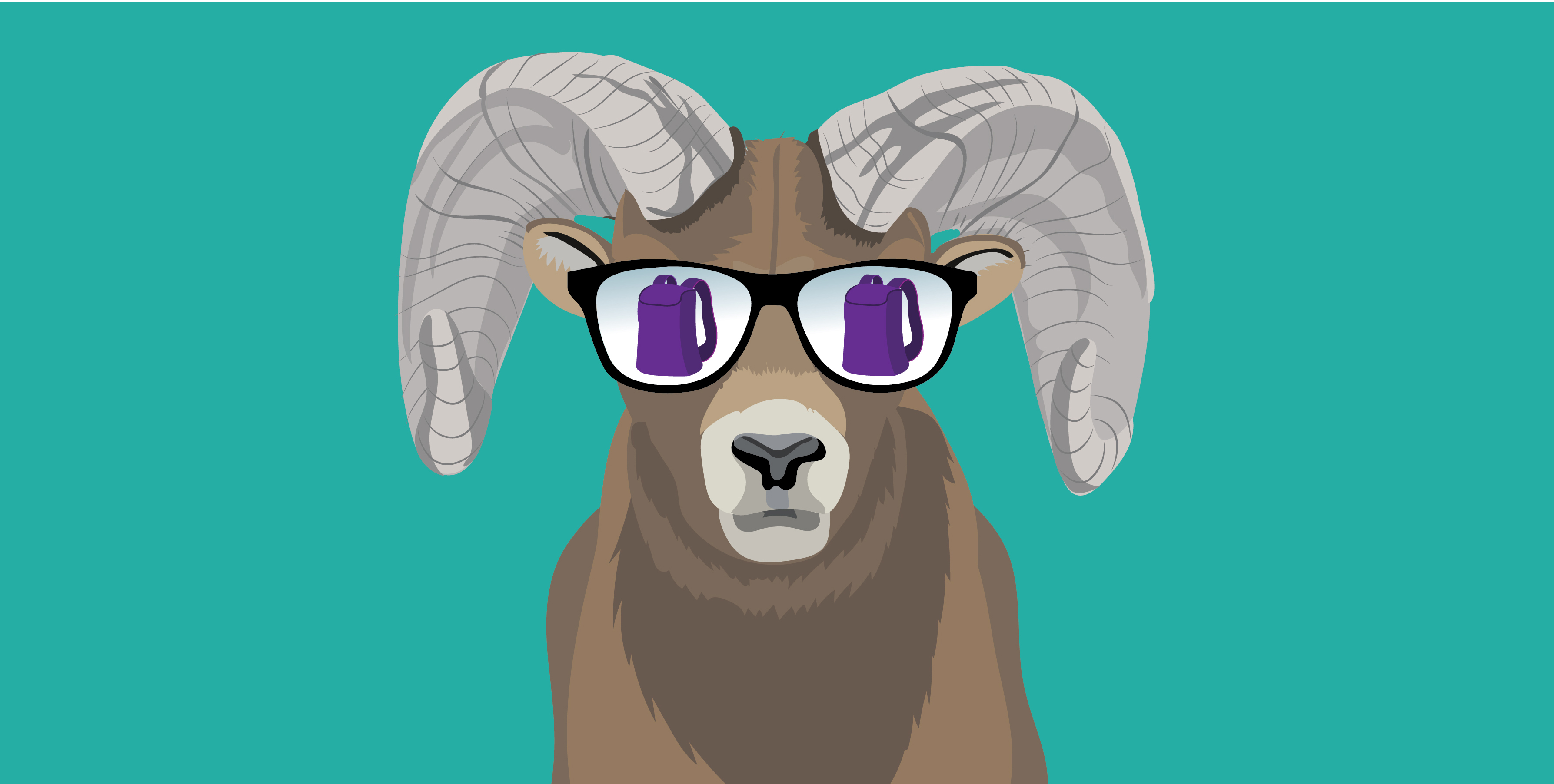 Drawing of a bighorn sheep wearing sunglasses on a turquoise background. A purple backpack is in the reflection of the sunglasses.