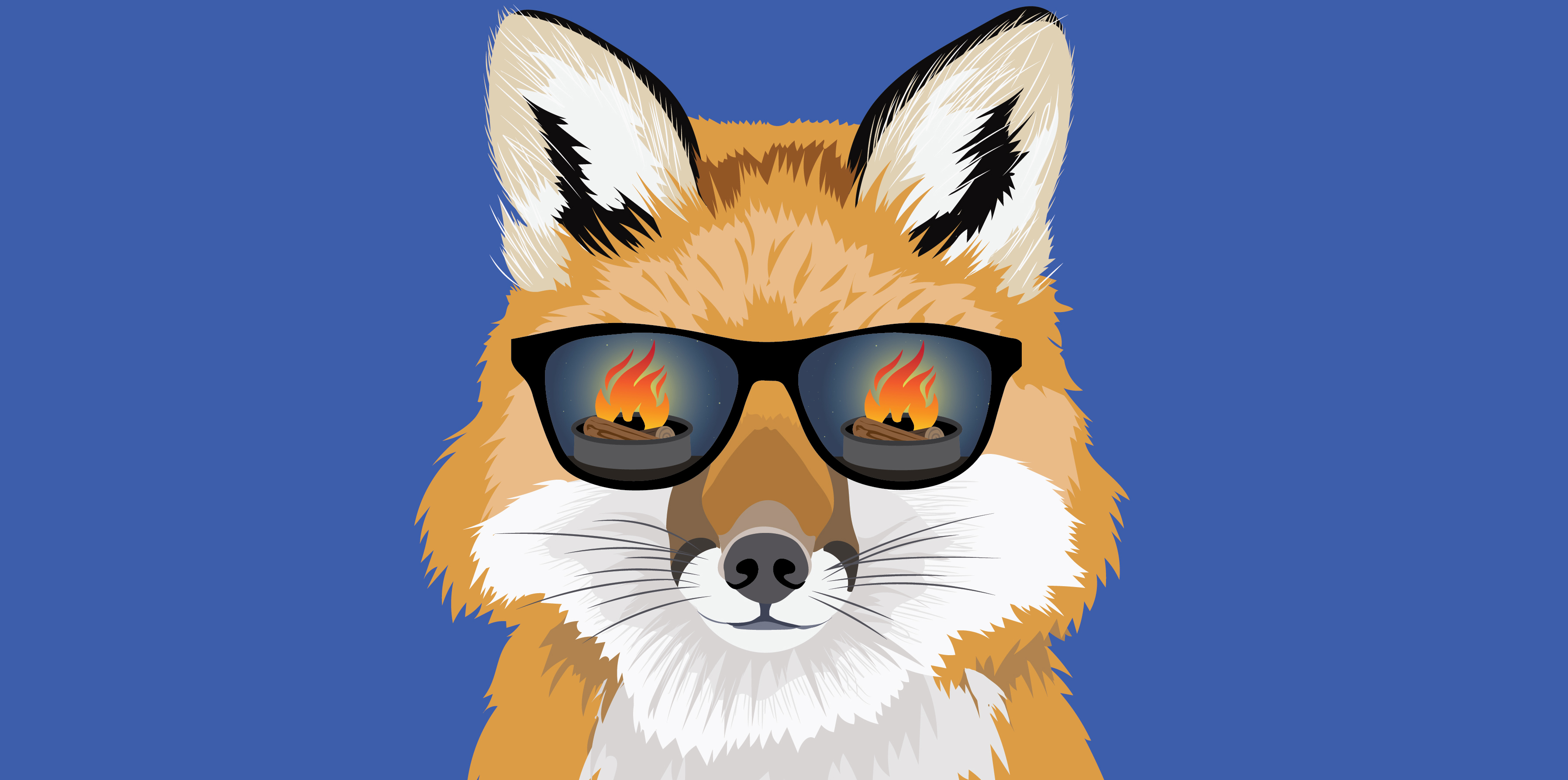 Drawing of a fox wearing sunglasses on a dark blue background. A campfire is in the reflection of the sunglasses.