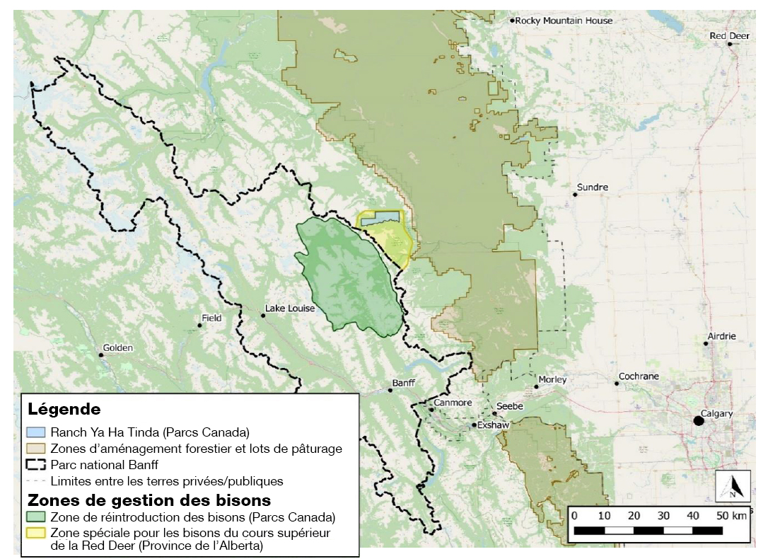 Figure 2 —  Zone de réintroduction des bisons du parc national Banff — La version textuelle suit.