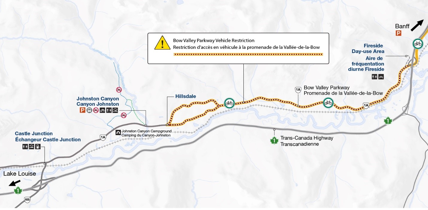 •	Carte du parcours cycliste saisonnier sur la promenade de la Vallée-de-la-Bow 