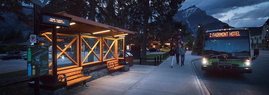 A lighted transit stop in the Town of Banff