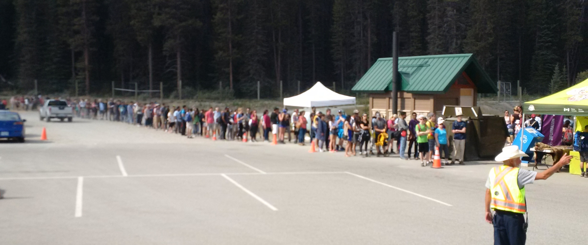 Visitors line up along the perimeter of a parking lot, with a washroom building, tent and garbage can on the side. 