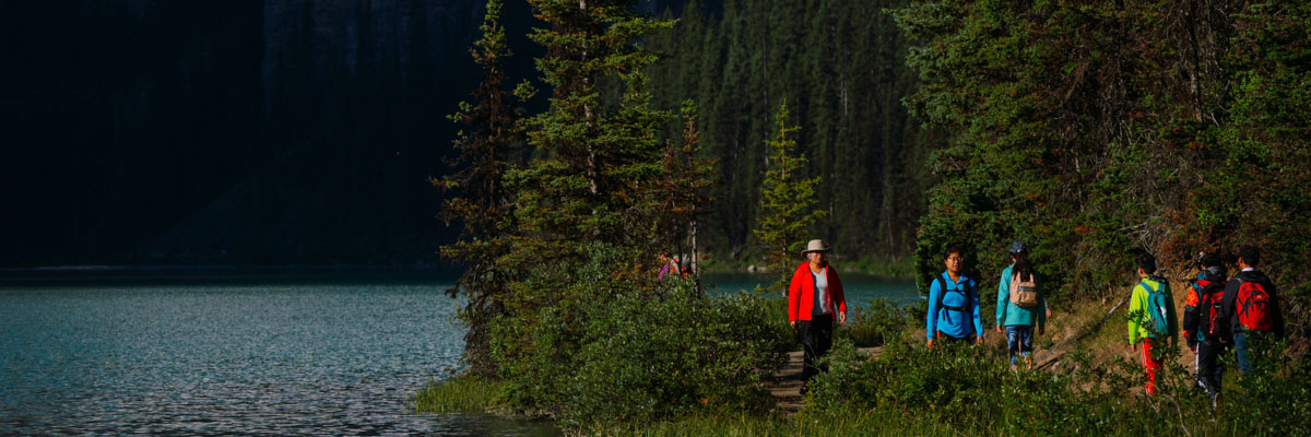 A group of visitors walking along the Lake Louise Lakeshore trail near the lake