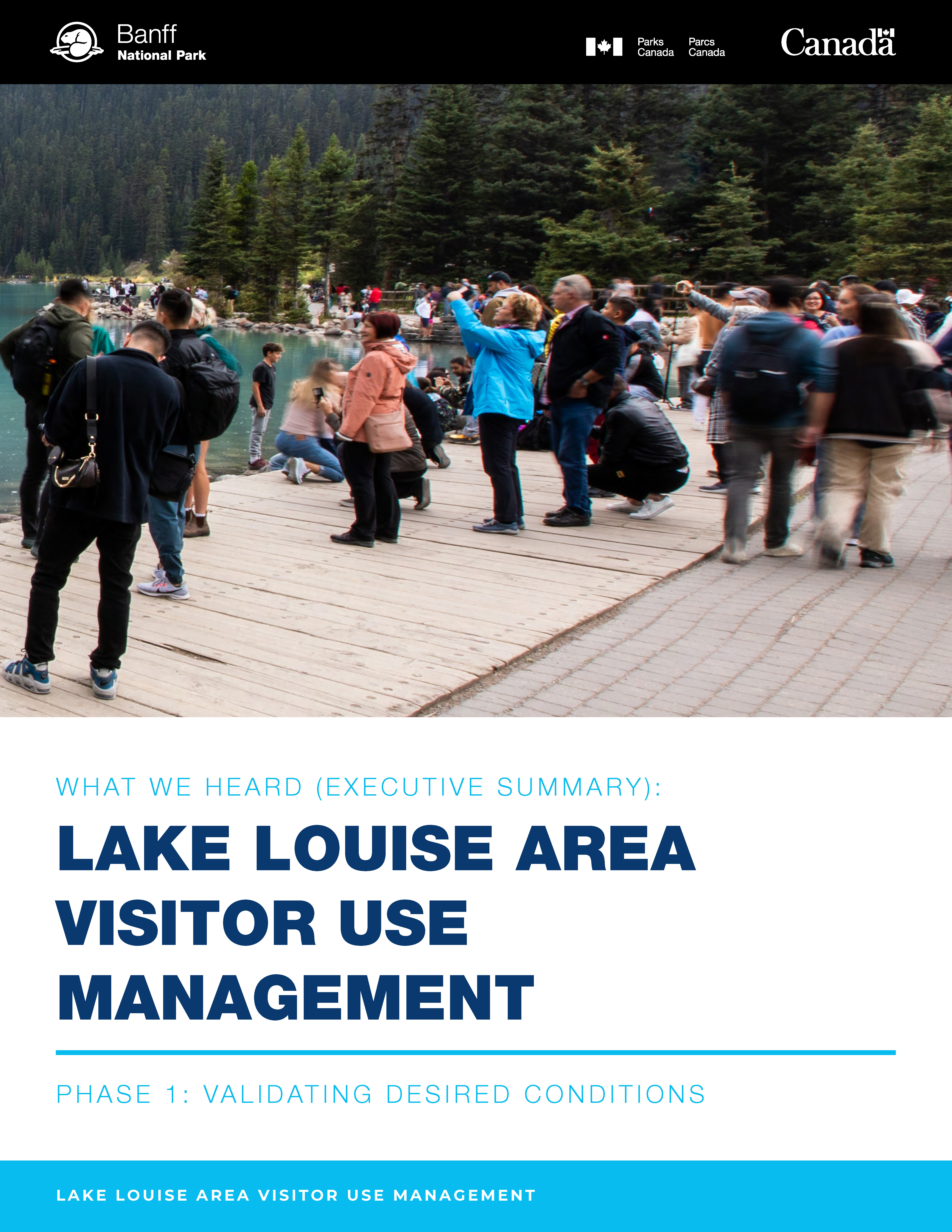 Report cover with Parks Canada branding and an image: Several groups of visitors crowd the shores of Lake Louise to take photos and selfies.