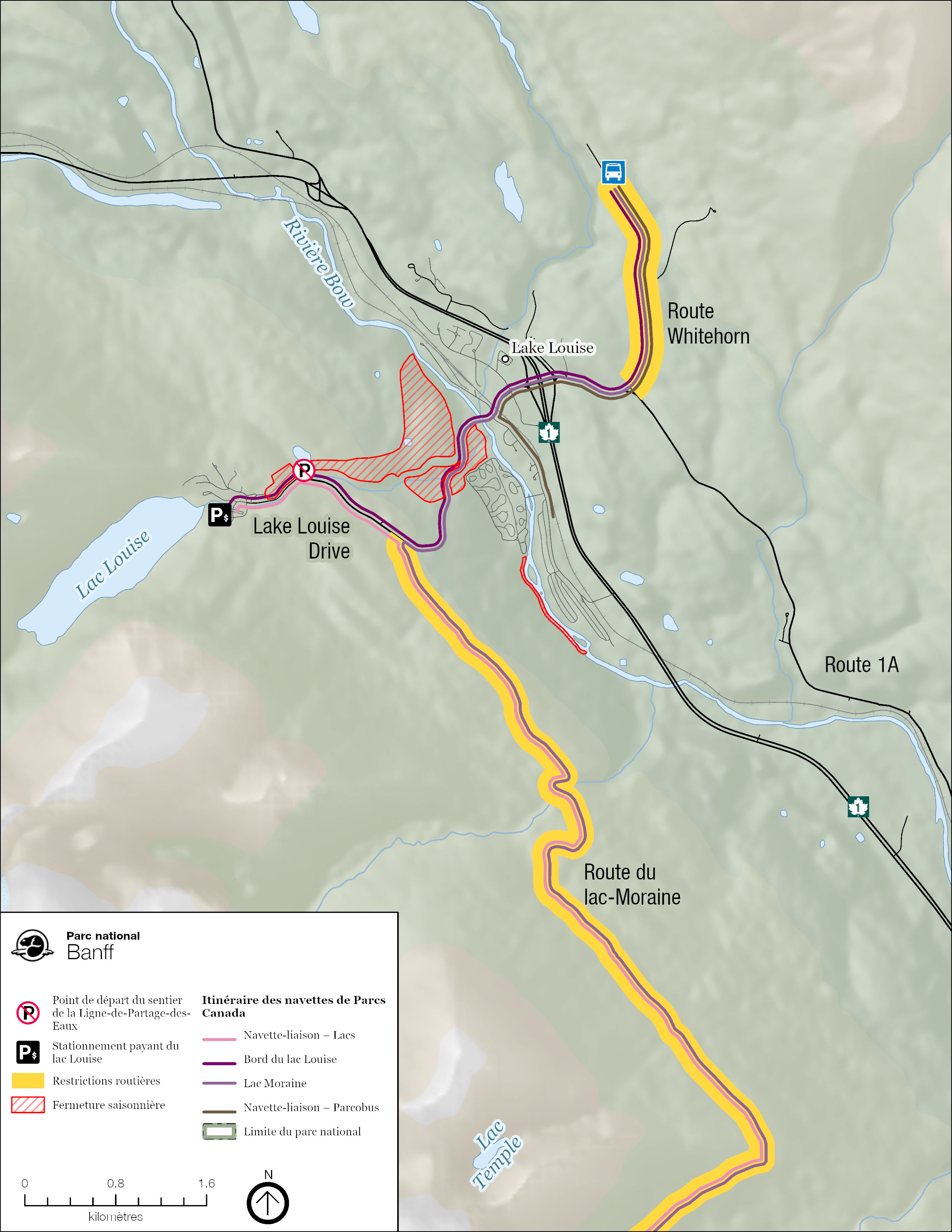 Les mesures de gestion de l’utilisation par les visiteurs déjà mises en œuvre sont illustrées sur la carte. More details below. 