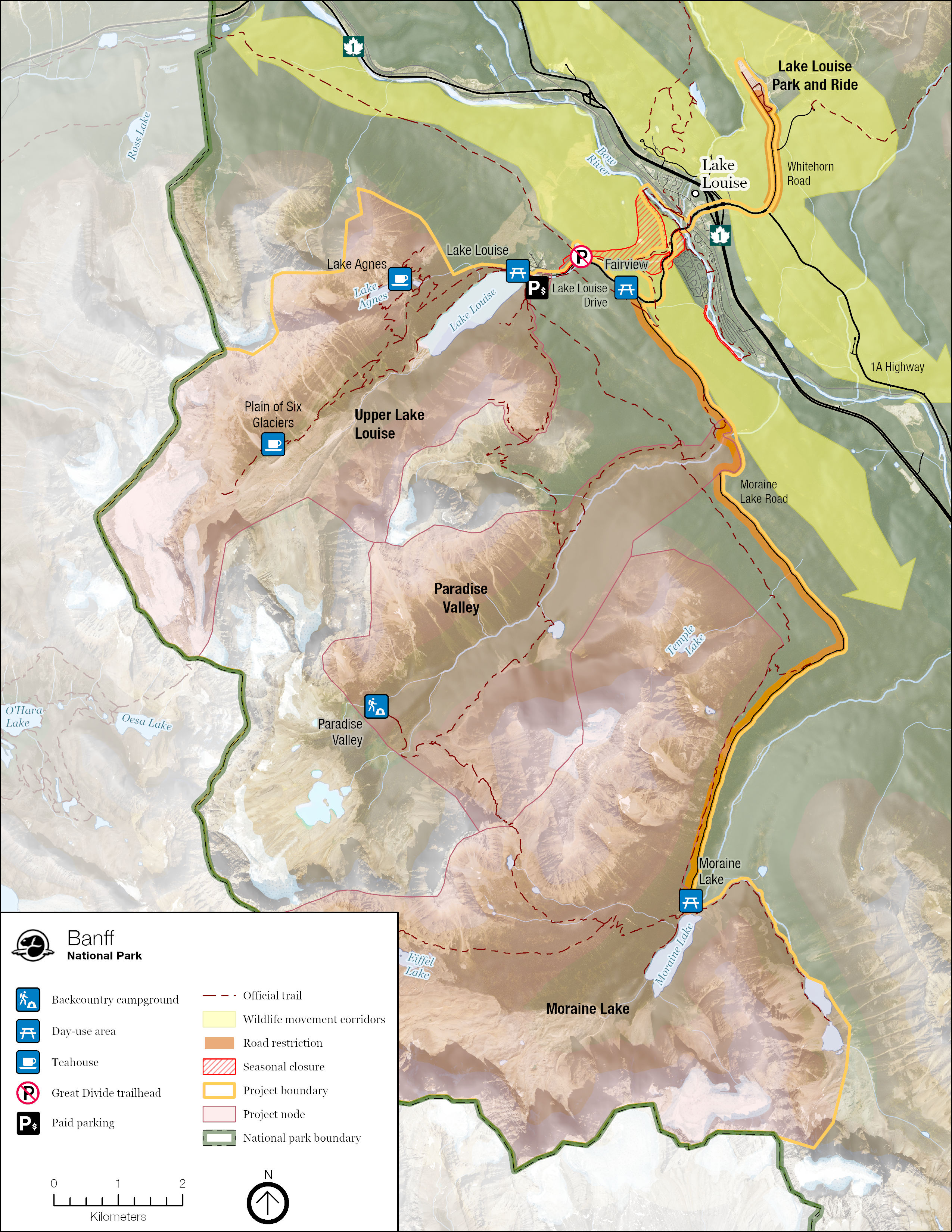A map of the Lake Louise area outlining the boundary of the plan and 5 key visitor use nodes. More details provided in the text version below. 