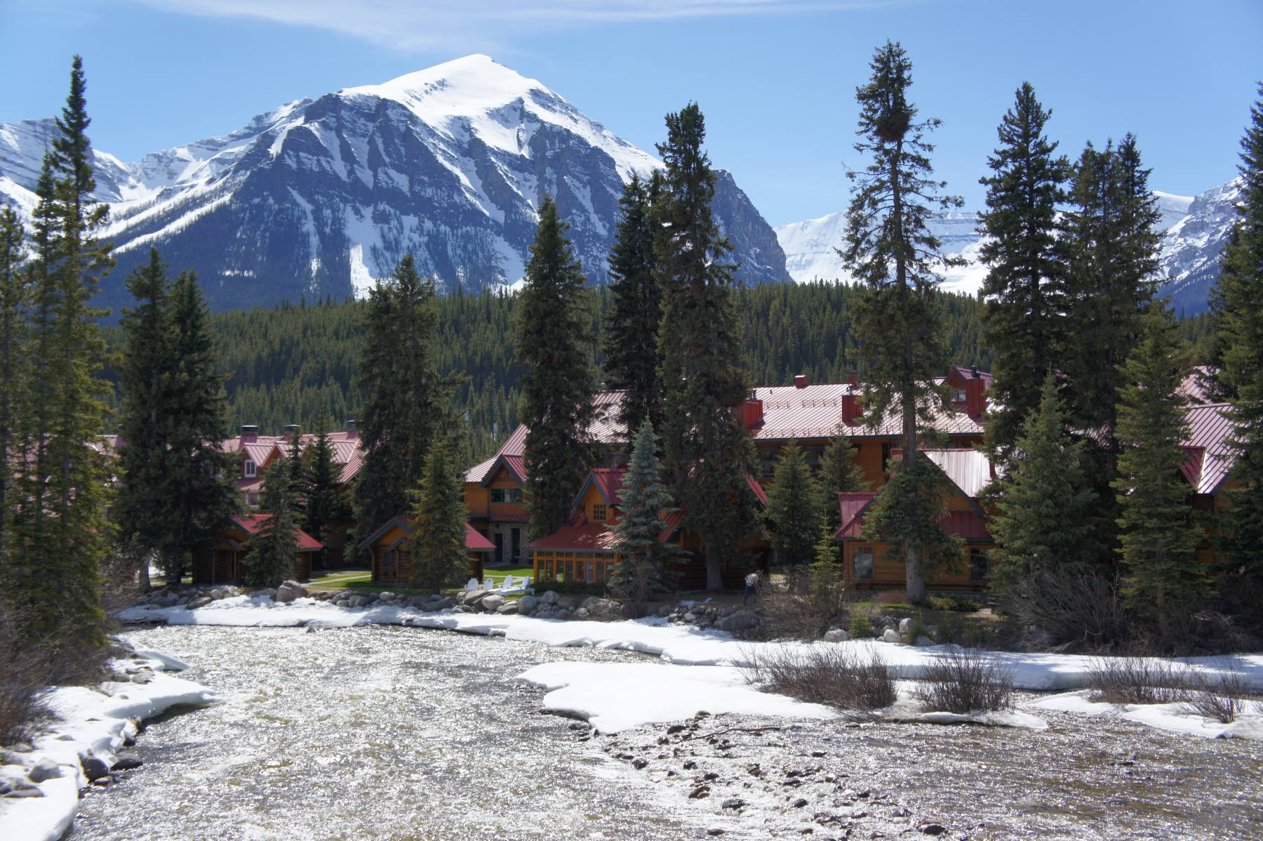 View of the Pipestone River, Post Hotel, and Mt. Fairview as seen from Village Road