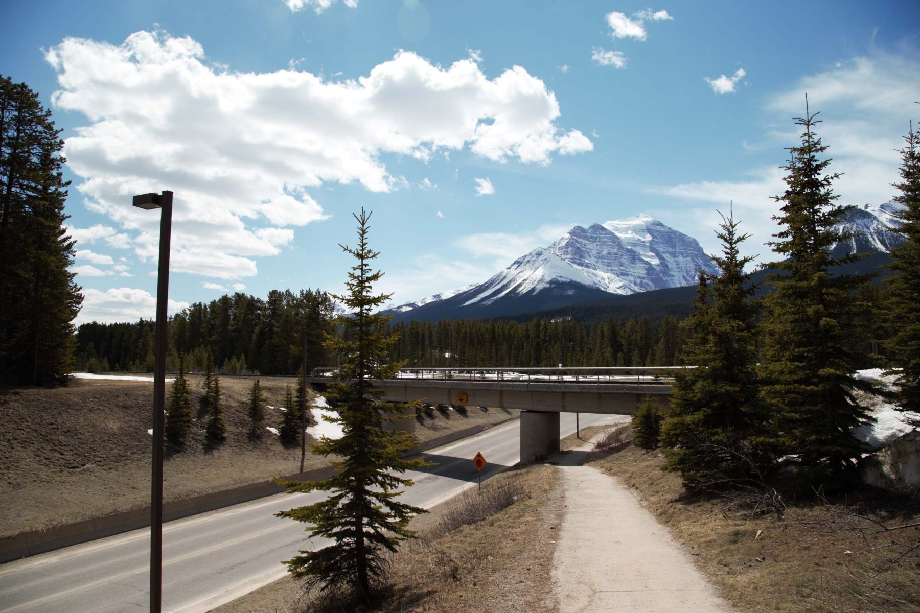 View of a CPKC rail bridge and Mt. Temple as seen from the footpath on Lake Louise Drive