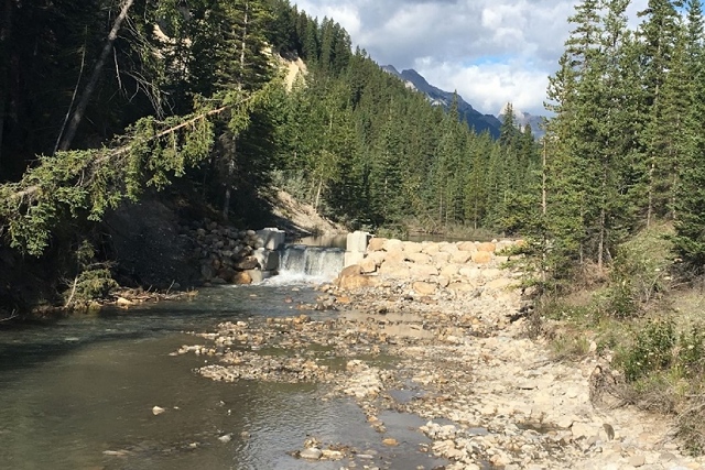 A view of a rock barrier at the downstream end of Cascade Creek.