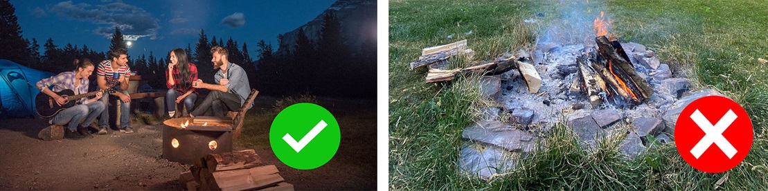 Two side-by-side images: campers around a fire in a firepit with a checkmark, and a ground fire close-up with a cross.