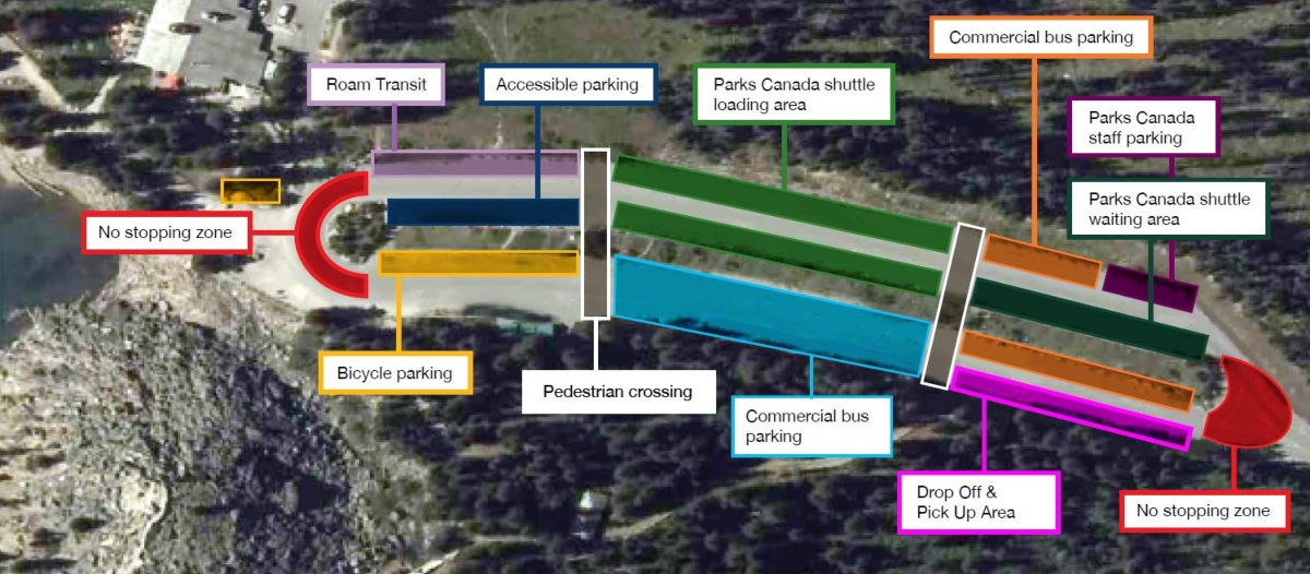 a map of the Moraine Lake parking lot for commercial operators