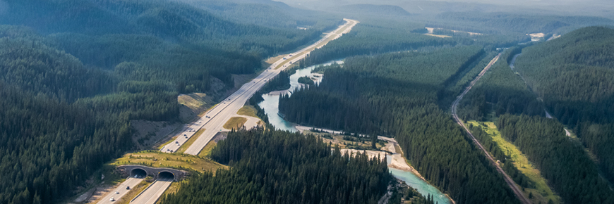 aerial view of Trans-Canada highway in Banff National Park 