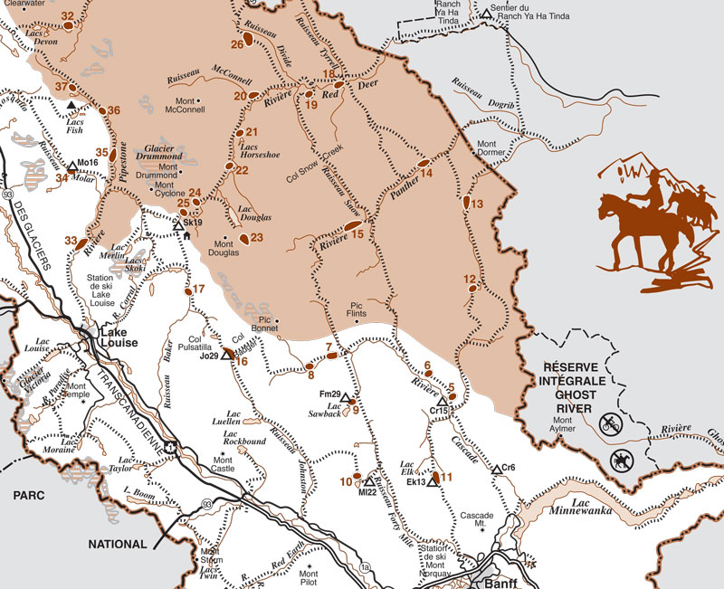 Carte de l'arrière-pays du parc national Banff avec zone de pâturage et camping