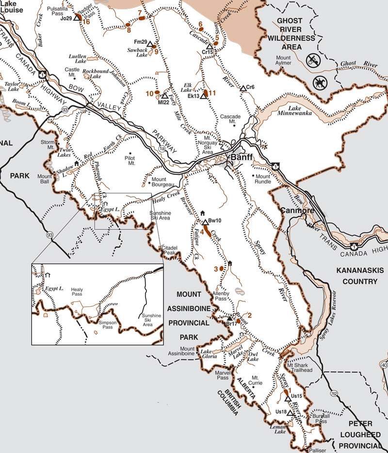 Map of horse riding trails, backcountry campground and grazing areas located in Banff National Park