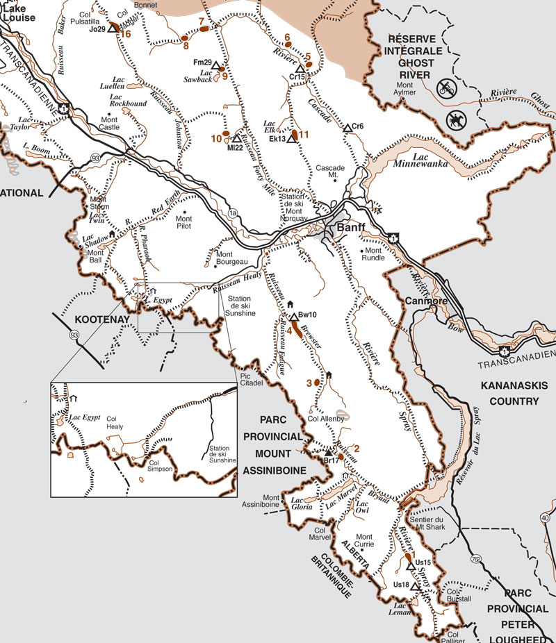 Carte de l'arrière-pays du parc national Banff avec zone de pâturage et camping