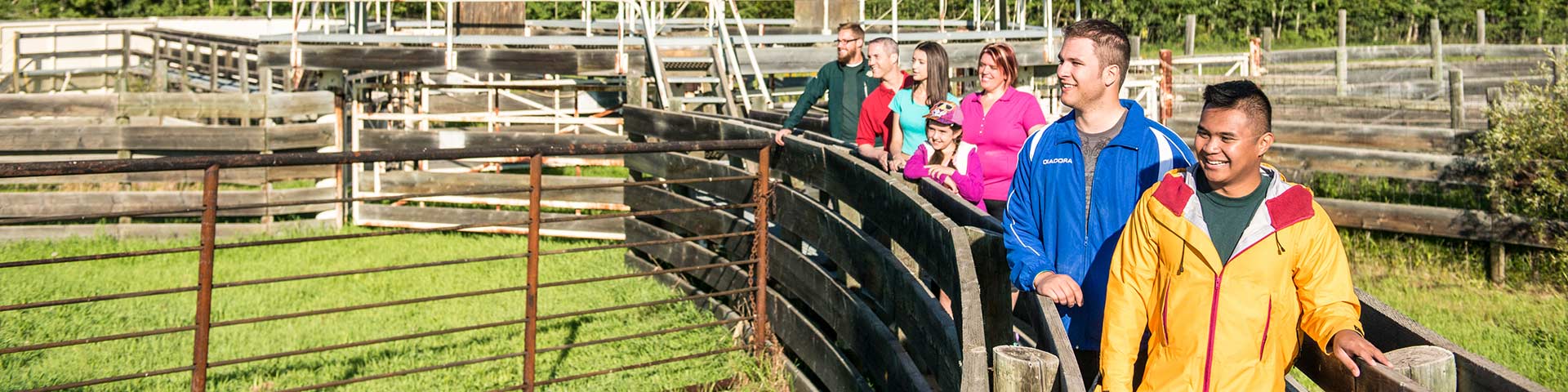 A group of visitors on the Bison Backstage tour walk with a park interpreter through the Plains Bison Handling Facility, Elk Island National Park.