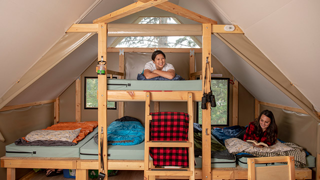 Des campeurs profitent des lits confortables dans abri oTENTik de Parcs Canada... Parc national Elk Island