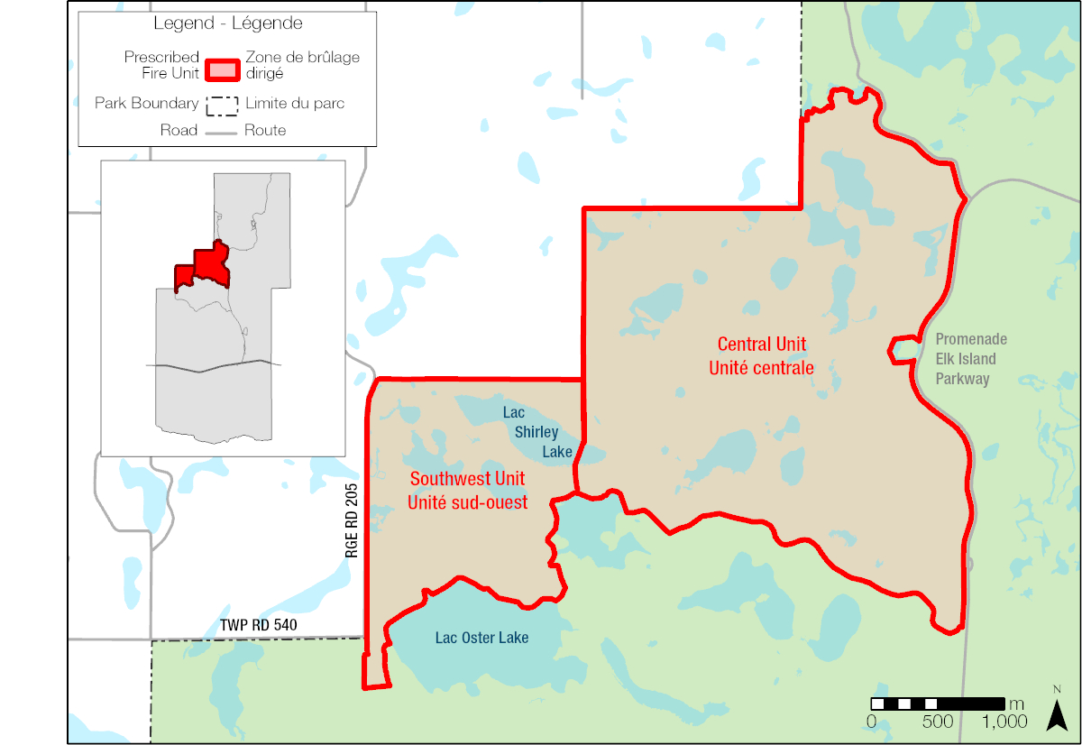 This map identifies the Shirley Lake Prescribed Fire Unit located in Elk Island National Park.