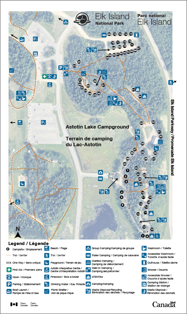 Cette carte montre le terrain de camping du lac Astotin à l'intérieur de l’aire récréative du lac Astotin, dans le parc national Elk Island.