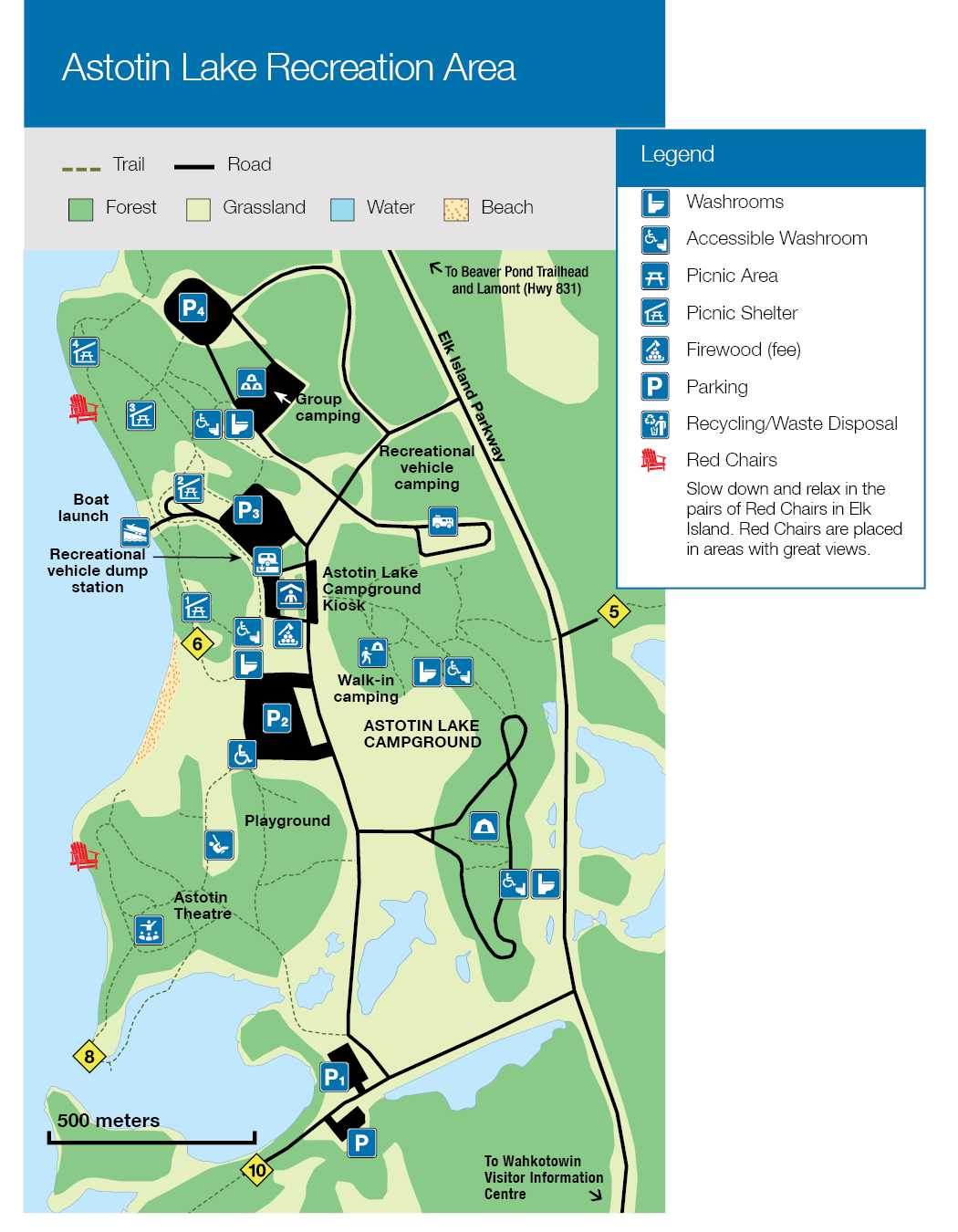 This map shows the Astotin Lake Recreation Area at Elk Island National Park.