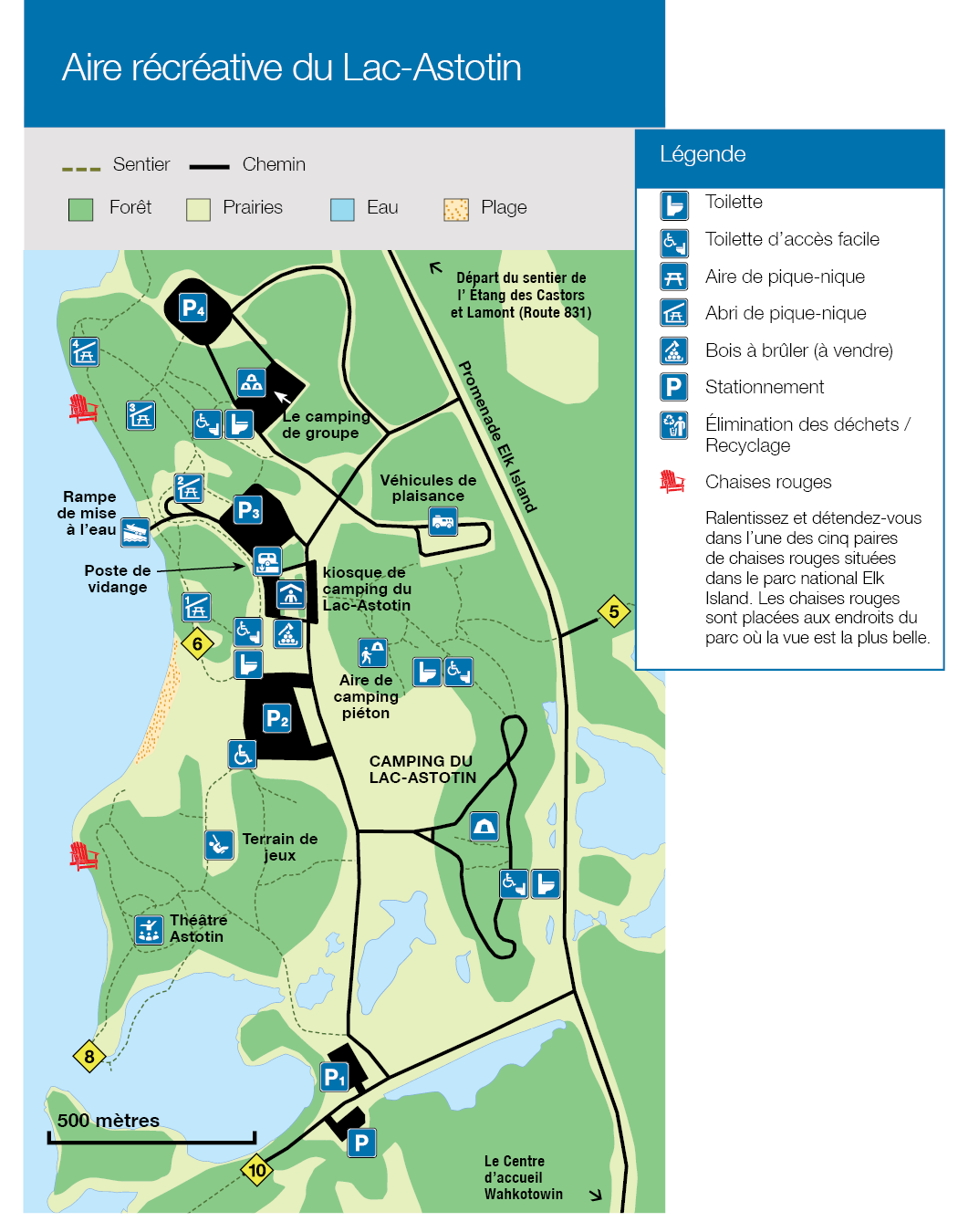 Cette carte montre l’aire récréative du lac Astotin, dans le parc national Elk Island.