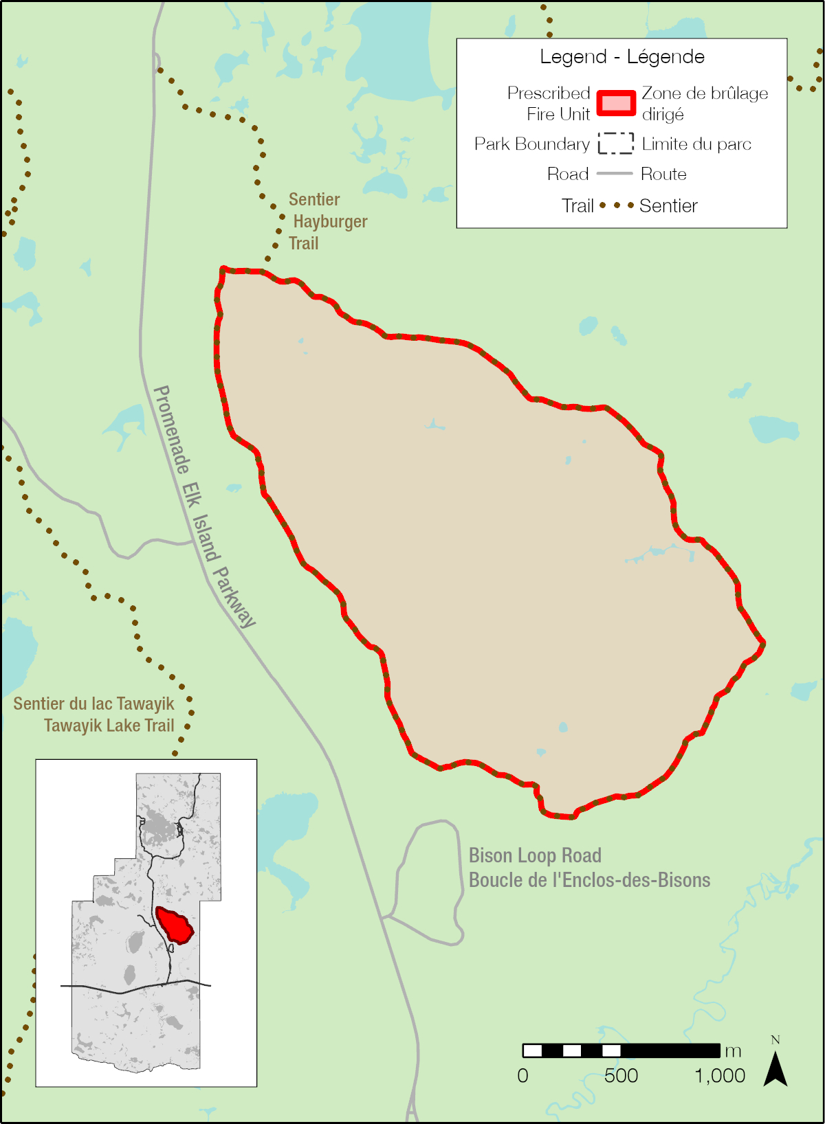 This map shows the Hayburger prescribed fire unit in Elk Island National Park 