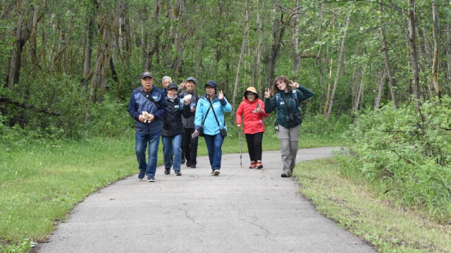 Six people dressed in outdoor gear strolling along a winding path through a lush wooded area on the Shoreline Trail in Elk Island National Park.